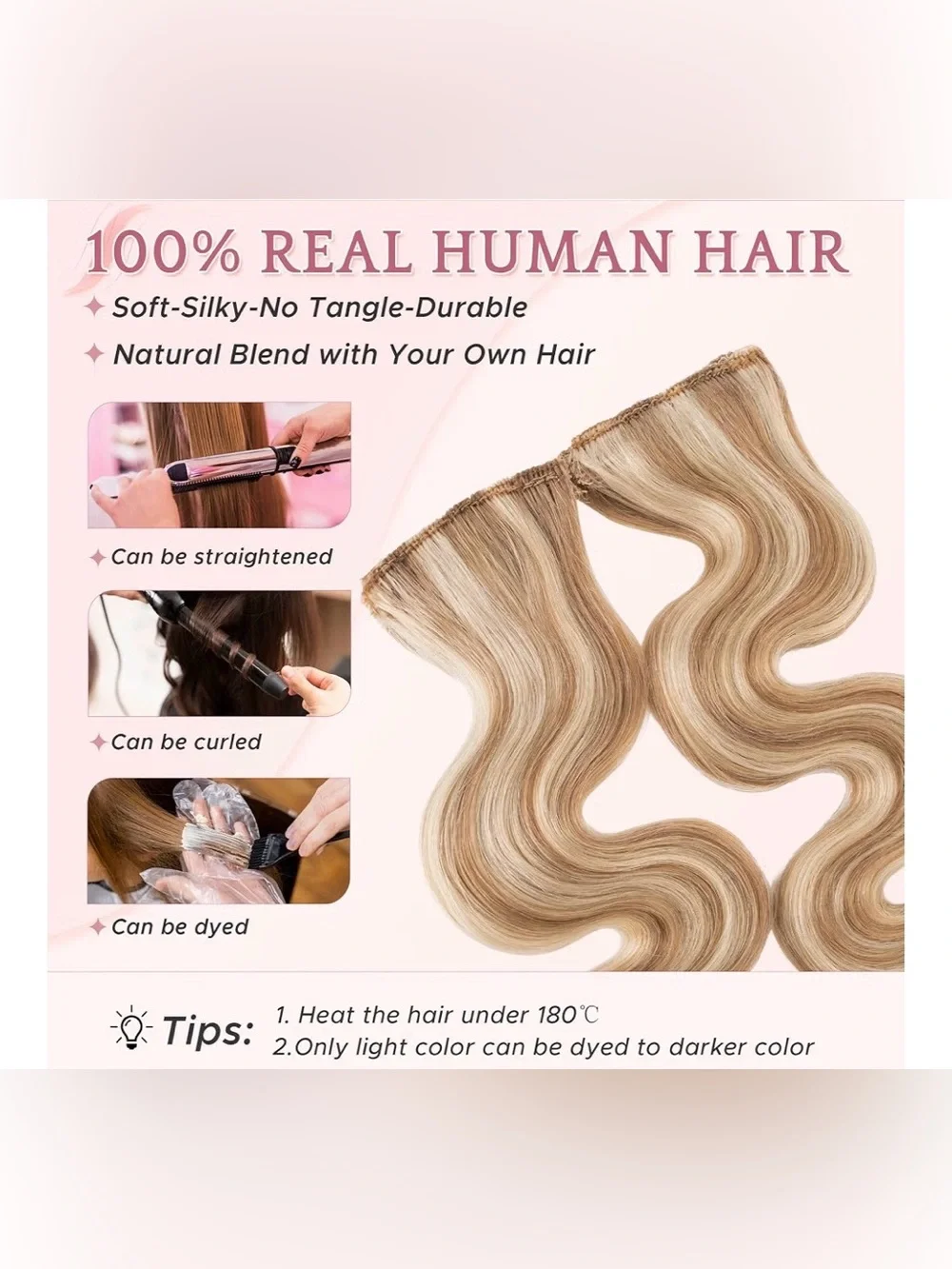 💯% 12” HUMAN Hair Clip In Extensions, Wavy, 6 Pieces, 2” Wide, Blonde shades